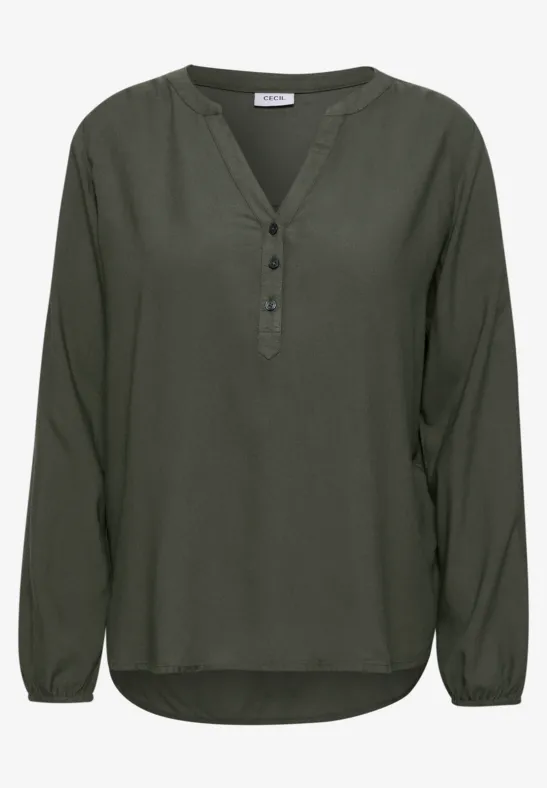 Donkergroene damesblouse met lange mouwen en V-hals met knoopsluiting.