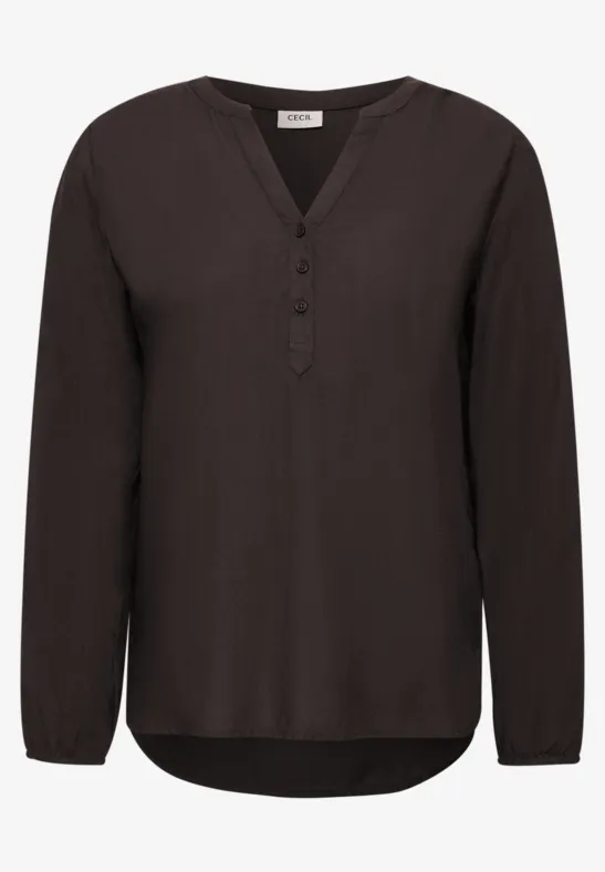Dunkelbraune, langärmlige Bluse mit V-Ausschnitt, Knopfleiste und abgerundetem Saum.