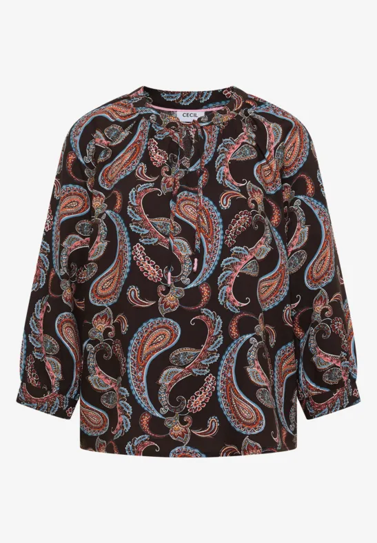 Schwarze, langärmlige Bluse mit buntem Paisley-Muster