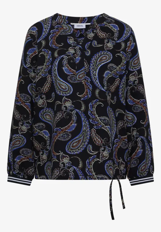 Schwarze, lange Bluse mit buntem Paisley-Muster, Rundhals, gestreiften Bündchen und seitlichem Kordelzug.