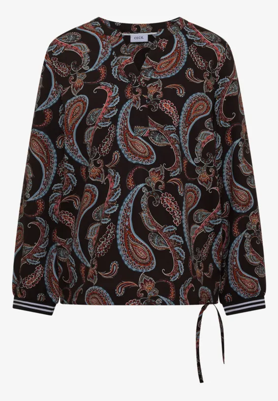 Zwarte blouse met kleurrijk paisley-patroon, lange mouwen, gestreepte boorden en trekkoord onderaan.