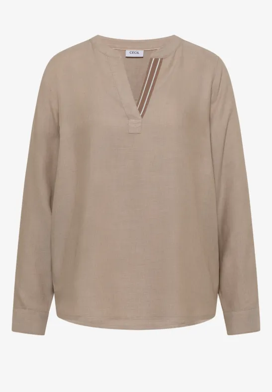 Beige Bluse mit V-Ausschnitt und langen Ärmeln