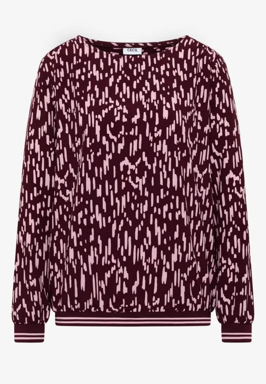 Bordeauxroter Pullover mit rosa abstraktem Strichmuster, langärmelig, Rundhalsausschnitt und gerippten Bündchen.