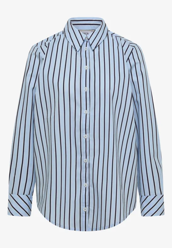 Chemise à rayures bleu clair et blanc, manches longues, boutonnée sur le devant.