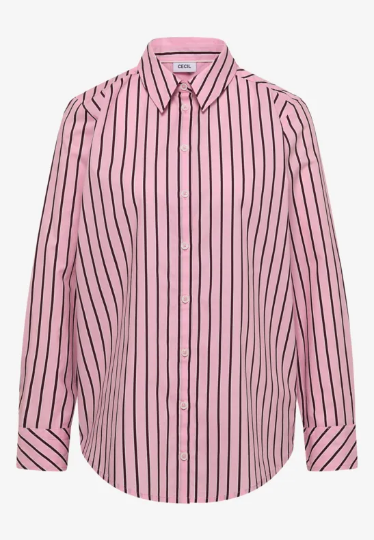 Chemise femme rose à rayures verticales bleu foncé, coupe chemisier avec fermeture boutonnée