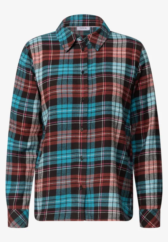 Geruit flanellen overhemd in turquoise, bruin en rood met knoopsluiting en lange mouwen.
