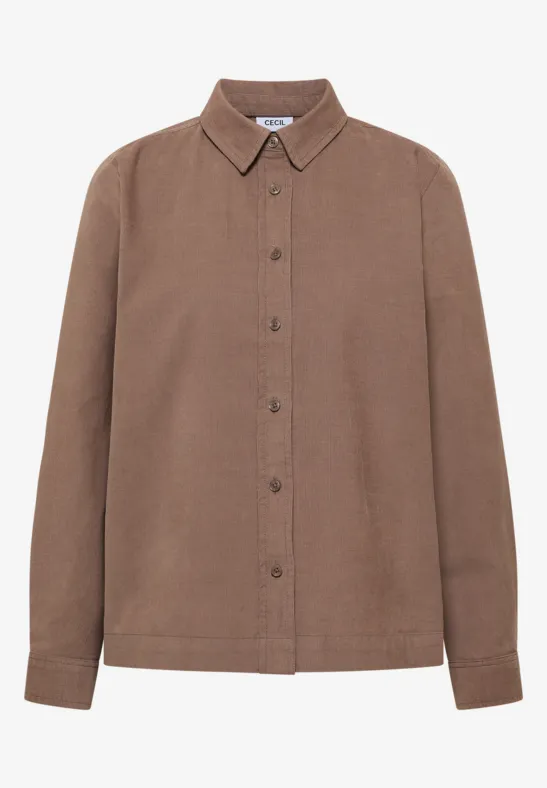 Veste-chemise marron à col chemise, patte de boutonnage et manches longues.