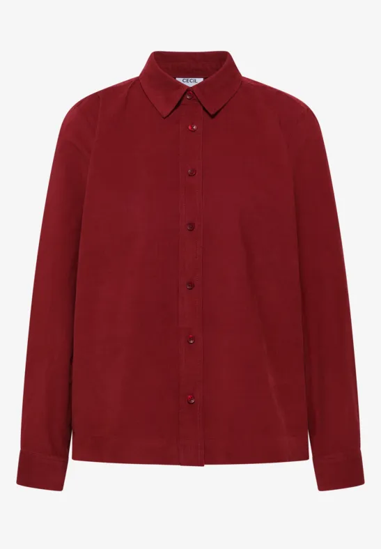 Chemise rouge à col classique et patte de boutonnage, présentée sur fond blanc.