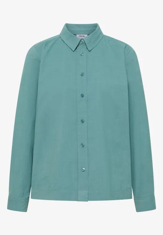 Chemise turquoise à manches longues, col classique et boutonnière sur toute la longueur.