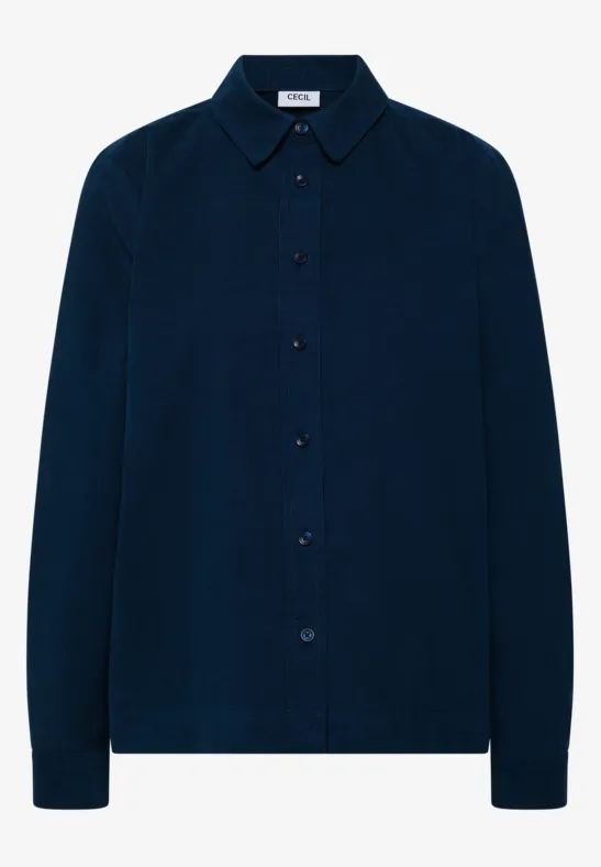 Chemise bleu marine boutonnée, col classique, manches longues et coupe droite.
