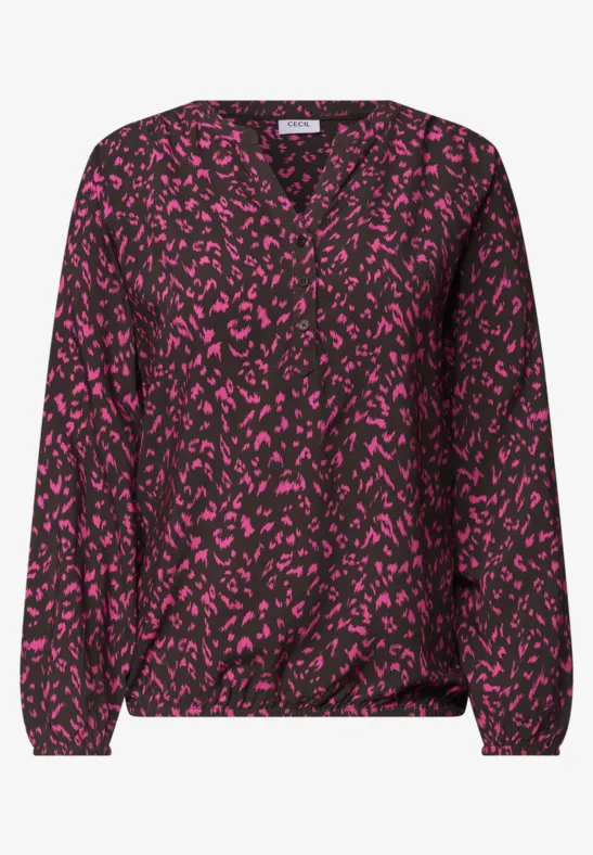 Dunkellila Bluse mit pinken Blattmustern, V-Ausschnitt, langen Ärmeln und elastischem Saum