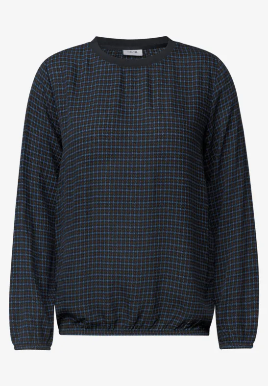 Dunkelblauer Damenpullover mit rundem Ausschnitt, kariertem Muster in Hellblau und Orange, mit elastischem Saum und Ärmeln.