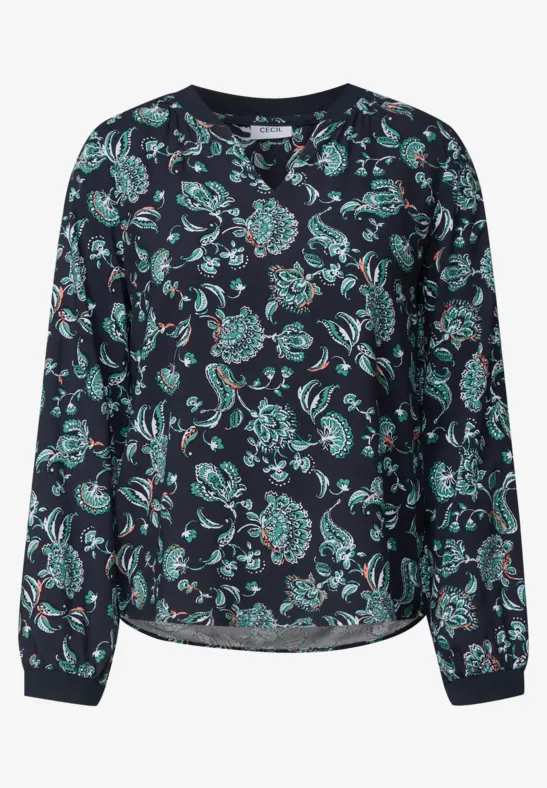 Blouse sombre à motifs floraux turquoise et verts