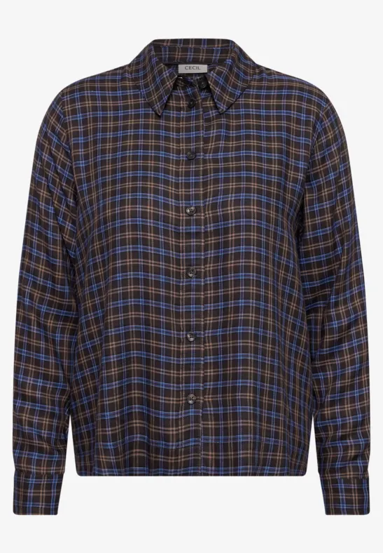 Bruin-blauw geruit overhemd met knoopsluiting en lange mouwen.