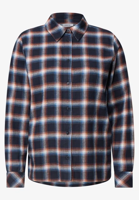 Chemise à carreaux manches longues, motif bleu foncé avec des touches rouges et blanches.