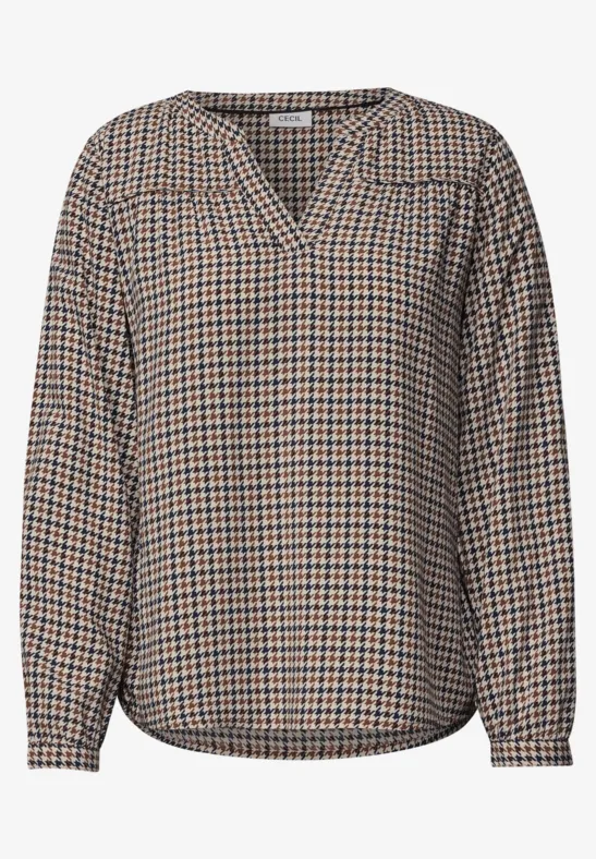Damenbluse V-Ausschnitt, lange Ärmel, elastische Bündchen, kariertes Muster in Beige und Schwarz
