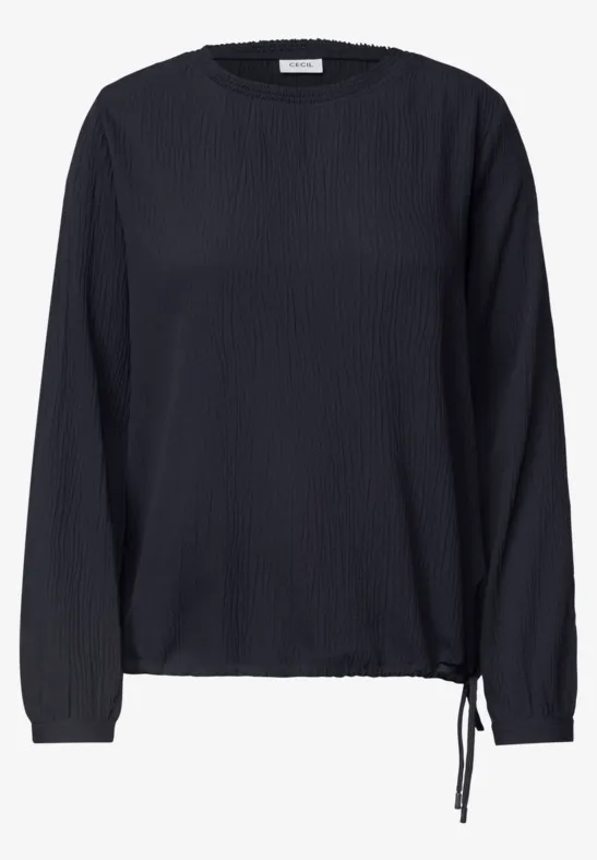 Dunkelblaues, locker geschnittenes Langarmshirt mit Rundhalsausschnitt und seitlichem Kordelzug.