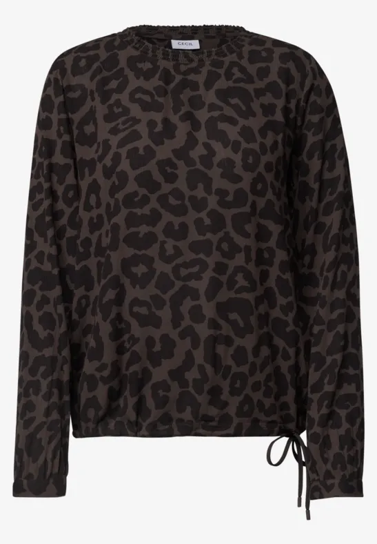 Dunkelbraunes Langarmshirt mit schwarzem Leopardenmuster und seitlichem Tunnelzug am Saum