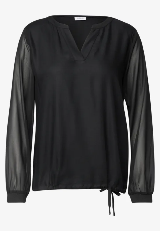Schwarze Bluse mit transparenten Ärmeln, V-Ausschnitt und seitlicher Knotenbindung.