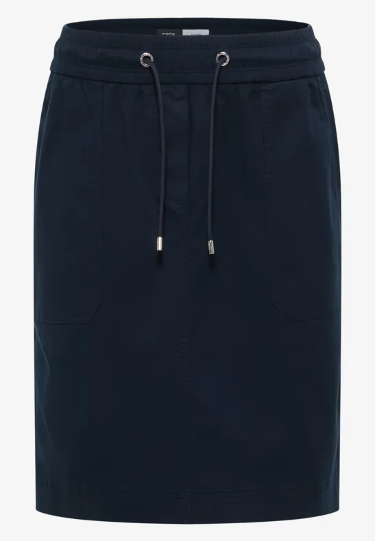 Dunkelblauer knielanger Rock aus Jersey mit elastischem Bund, Tunnelzug und Eingrifftaschen.