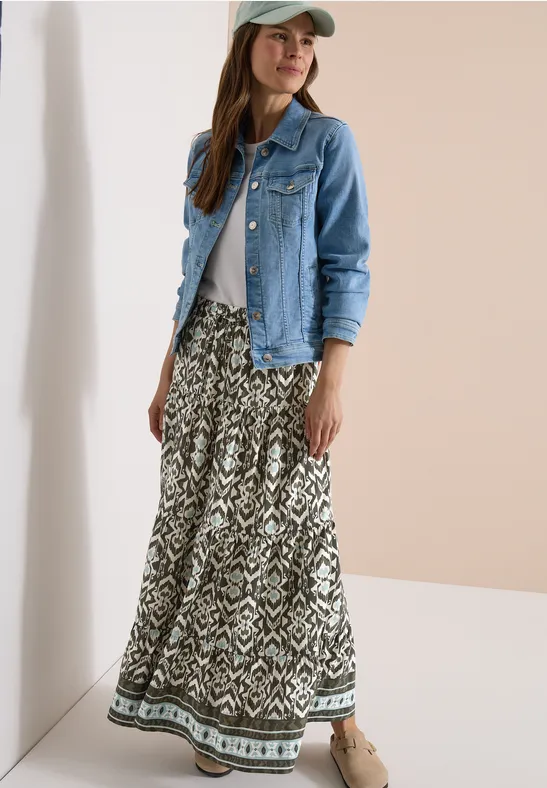 Midi-Rock mit grafischem Muster khaki