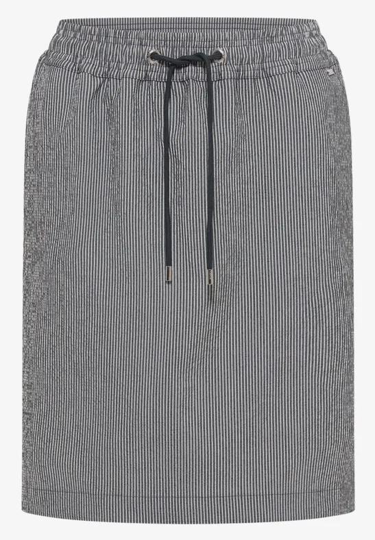 Grauer, knielanger Rock mit elastischem Bund, schwarzem Kordelzug und schlichtem Design.