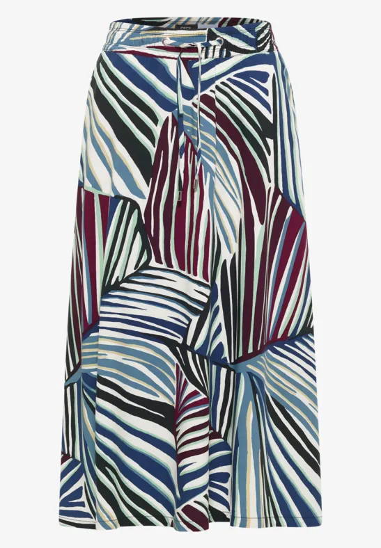 Midirock mit farbenfrohem, abstraktem Blattmuster in Blau, Grün und Burgunder; taillenbetonter Schnitt mit Bindegürtel.