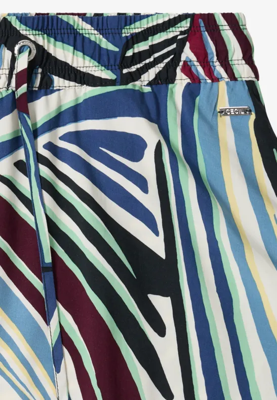 Bunte Shorts mit abstraktem Muster in Blau-, Grün- und Burgundertönen, elastischer Bund.