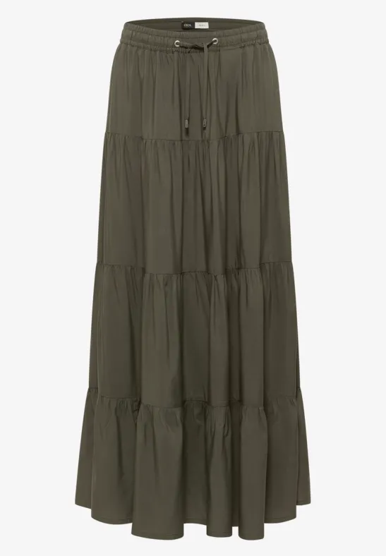 Maxirock in Olivgrün mit Stufen und Kordelzugbund.