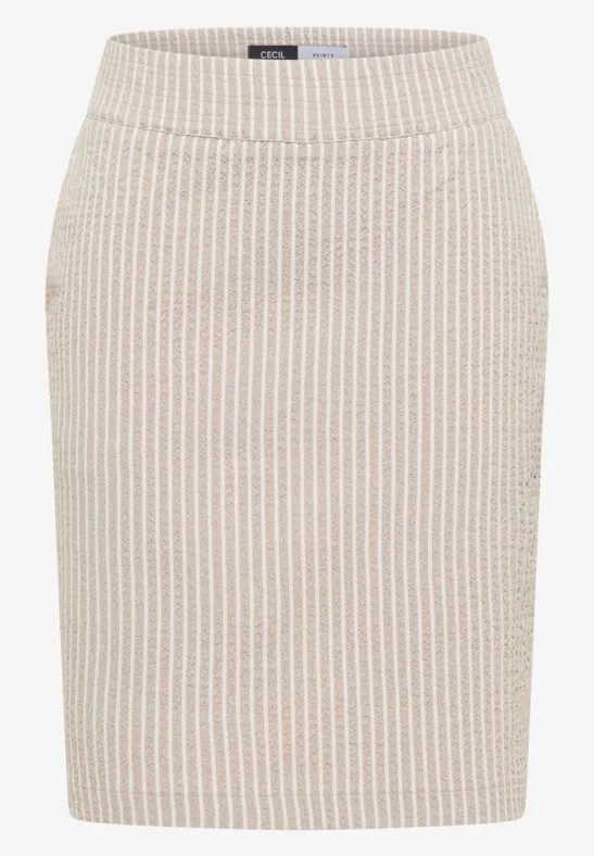 Knielanger Bleistiftrock in Beige mit feinem Streifenmuster.