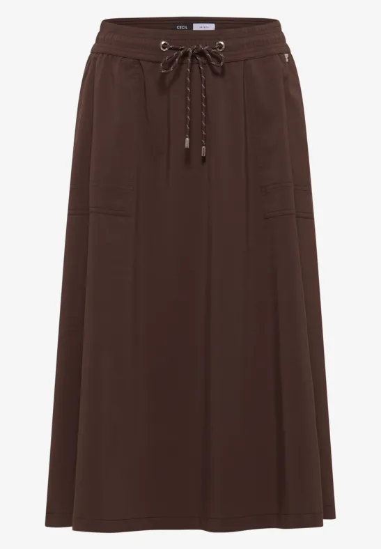 Bruine lange rok met elastische taille en koord