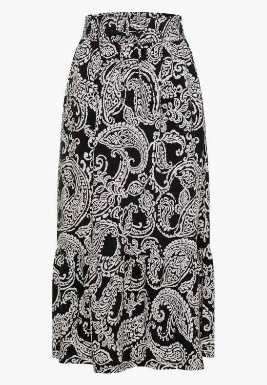 Schwarzer Maxi-Rock mit weißem Paisley- und Blumenmuster, fließender Stoff, elastischer Bund.
