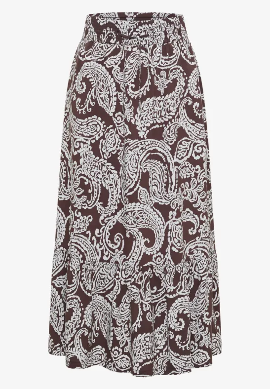 Brauner Midirock mit cremeweißem Paisley-Print, fließend in A-Linie geschnitten, aus leichter Viskose.