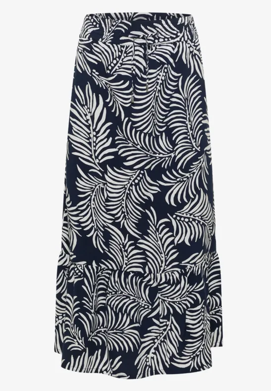 Donkerblauwe midirok met elastische taille en wit bladmotief.