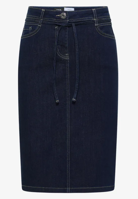 Dunkelblaue, knielange Jeans-Bleistiftrock mit Gürtelschlaufen, Tunnelzug und Eingrifftaschen.
