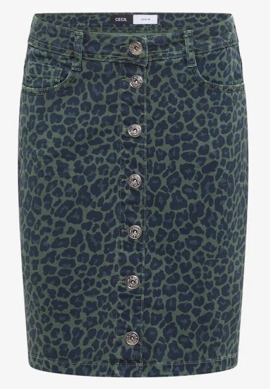Jupe en jean vert foncé à motif léopard olive avec boutonnière apparente sur toute la longueur.