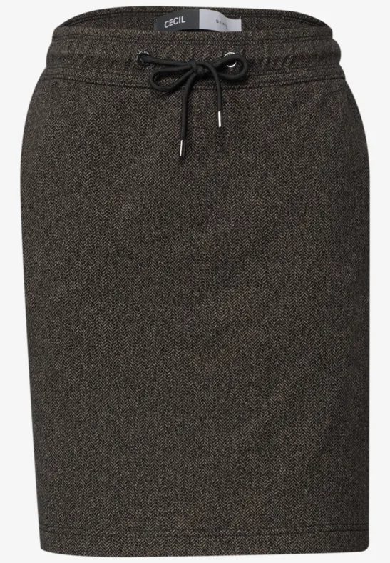 Donkere, knielange rok met gemêleerde look, elastische taille en aantrekkoord, smalle pasvorm.