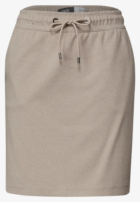 Beige, knie-lange rok met elastische taille en trekkoord, casual stijl.