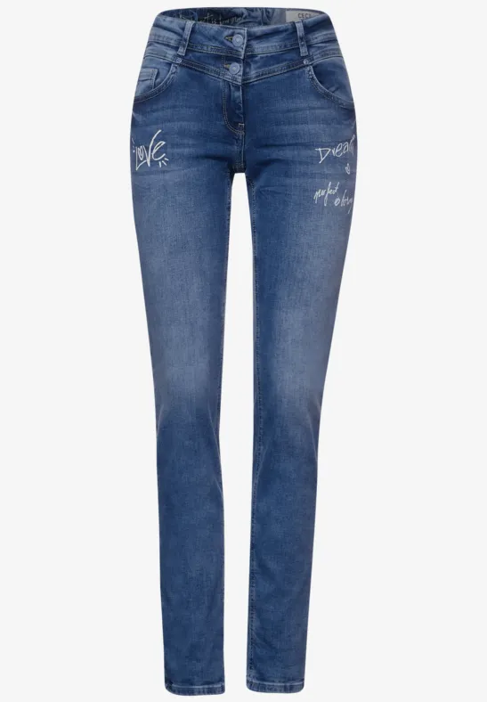 Loose Fit Jeans mit Wording mid blue used wash