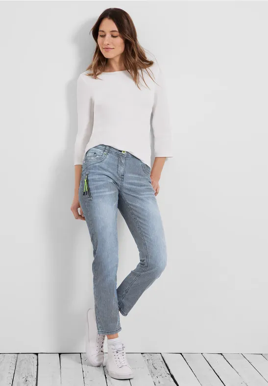 Loose fit jeans met strepen mid blue used wash