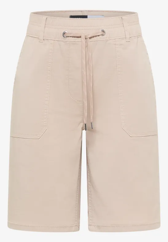 Beige bermudashort met tunnelkoord en opgestikte zakken.