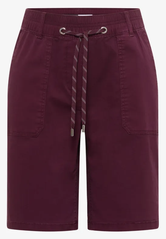 Bordeauxrode katoenen bermudashorts met elastische taille, aantrekkoord en opgestikte zakken.