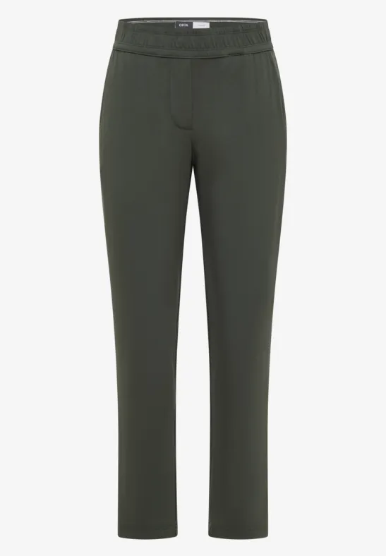 Dunkelgraue, gerade geschnittene Hose mit elastischem Bund.