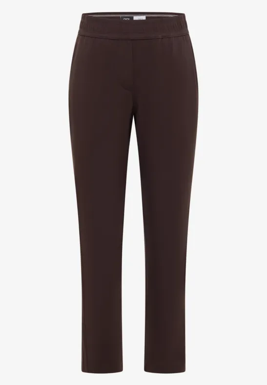 Elegante dunkelbraune Hose mit schmalem Schnitt, geradem Bein und elastischem Bund.