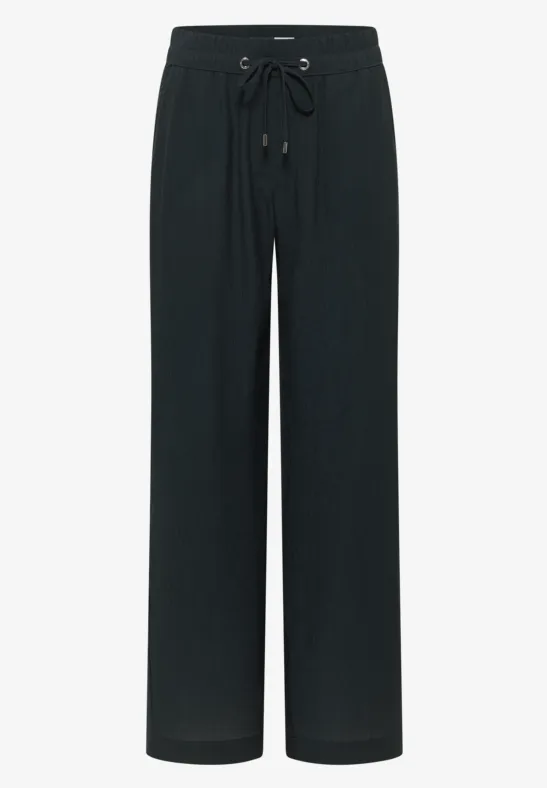 Schwarze, locker sitzende Hose mit weitem Bein und Kordelzug in der Taille.
