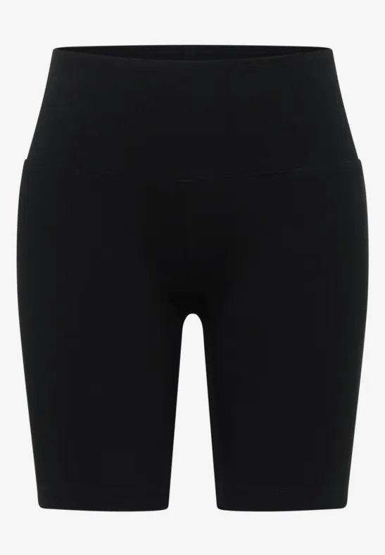 Schwarze, hoch geschnittene, eng anliegende Radlerhose aus dehnbarem Material.