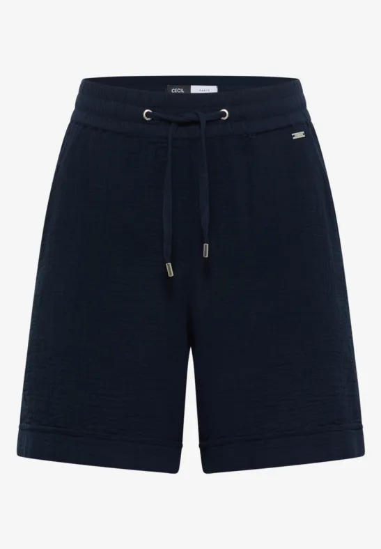 Dunkelblaue, knielange Freizeit-Shorts mit Textur und Tunnelzugbund.