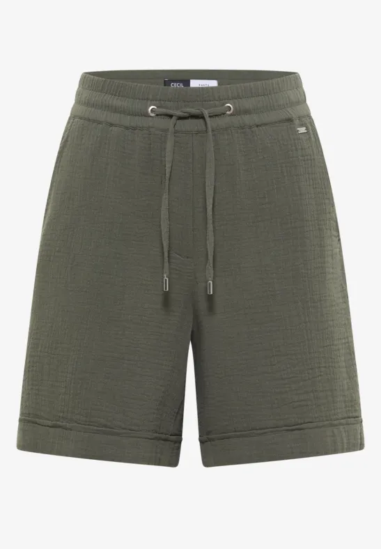 Olivgrüne, bequeme Waffel-Strickshorts mit elastischem Bund und verstellbarem Tunnelzug.