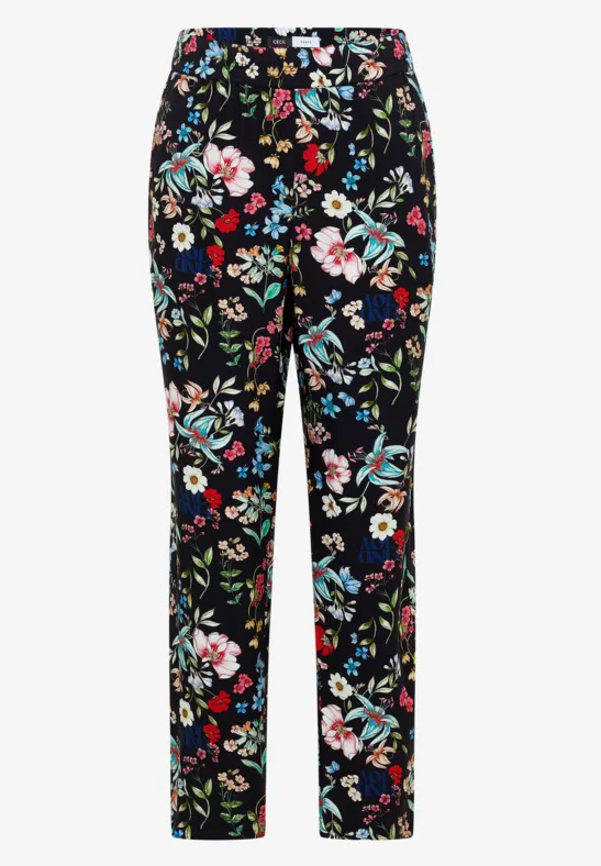 Schwarze Hose mit buntem Blumenmuster, gerade geschnitten und knöchellang.