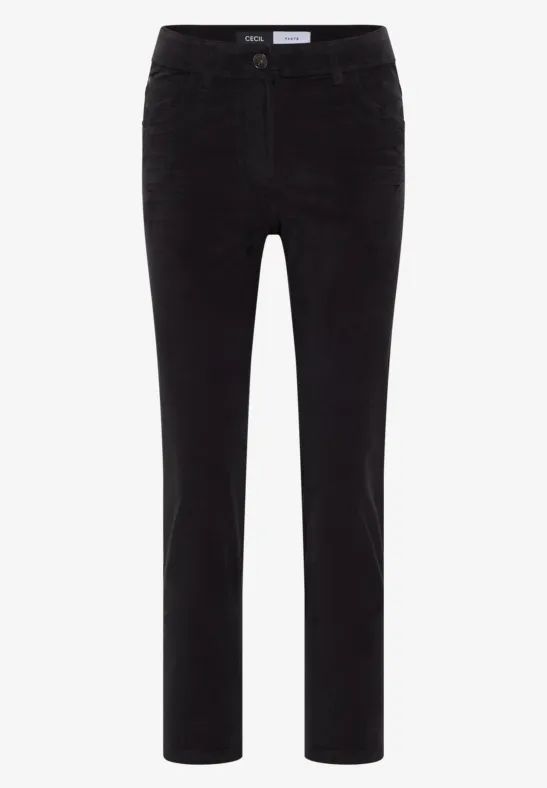Pantalon en velours côtelé noir, coupe droite, poches latérales